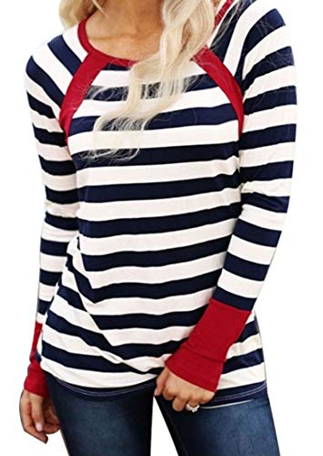 TAKEYAL Womens Long Sleeve Striped T Shirt Casual Crew Neck Loose Blouses Raglan Tees Size XL (Red)