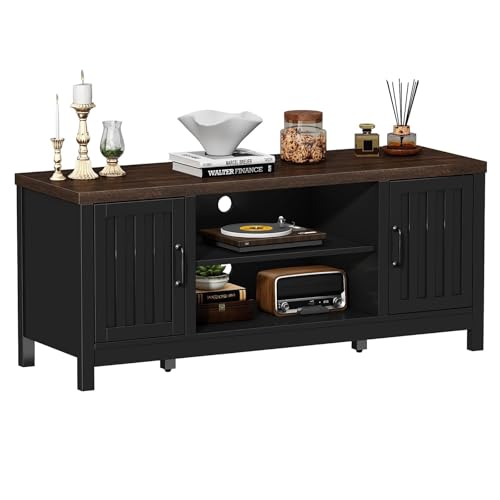 ChooChoo Farmhouse TV Stand for Televisions up to 55 inches, Entertainment Center Console Table Media Furniture with Storage Cabinets and Open Shelves, Fluted Door, for Living Room Bedroom, Black