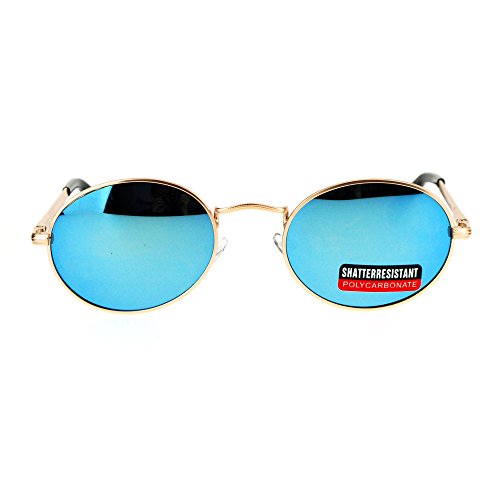 PASTL Sunglasses Unisex Oval Metal Frame Spring Hinge UV 400 Gold, Blue Mirror