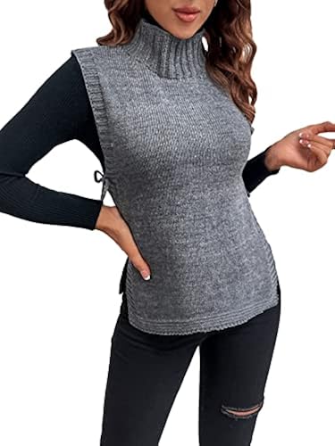 OYOANGLE Women's High Turtleneck Sleeveless Tie Side Slit Hem Sweater Vest  Tank Top Grey L in Oman Whizz Vests