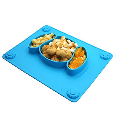 Baby Silicone Suction Placemat + Plates - Food Feeding Divided Mat for Kids and Toddlers Fits Most Highchair Trays - Easily Wipe Clean - Dishwasher and Microwave Safe (Blue & Green)