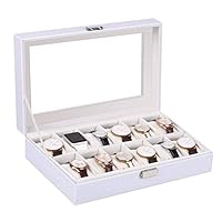 amzdeal Watch Box 12 Slots Women Watch Case with Glass Top, Watch Display Organizers, Watch Display Storage with Removable Pillow, Pu Leather and Velet Lining, White