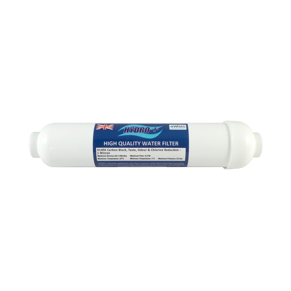 Aqua Cure Hydro+ H14PA - 1 Micron Carbon Block Water Filter - 1/4'' Push Fit Fittings - WRAS Approved, White