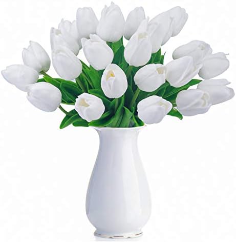 BOMAROLAN Artificial Tulip Fake Holland Mini Tulip Real Touch Flowers 24 Pcs for Wedding Decor DIY Home Party (White)