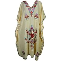 Mogul Interior Gillian Womens Caftan Maxi Dress Floral Embroidery Embellished Kimono Kaftan Evening Dresses (Beige 1)