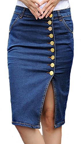 Youhan Women's Elastic Split High Waist Package Hip Midi Denim Skirt (XX-Large, Blue)