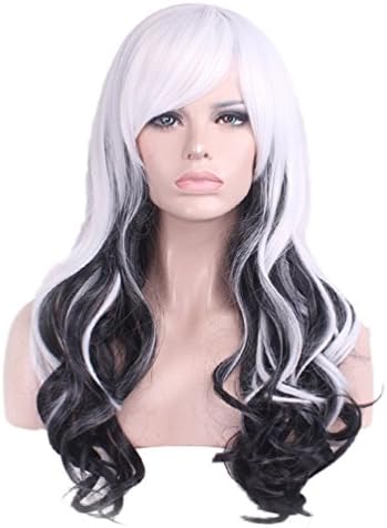 Rise World 26 " 65 cm Women's Long Wavy Curly Oblique Bang Full Hair Wig Two Tone White Root to Black Ombre