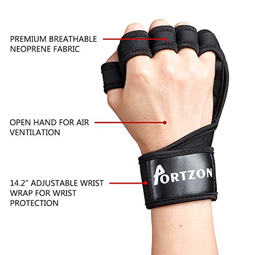 Portzon Weight Lifting Gloves, Workout Gloves for Men & Women, Anti-Slip Gym Gloves with Wrist Strap, for Lifting Cross Training Rowing Pull Ups Fitness - Thumbnail 3