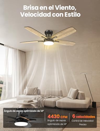 Airwit Ventilador de Techo con Luz de 106cm, 42 Inch Ceiling Fan, Abanicos de Techo Montaje Empotrado con Control Remoto, 6 Velocidades, Luz LED de 3 Colores, 5 Cuchillas, Motor CC Reversible, Negro
