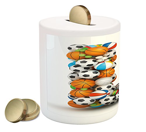 Letter L Piggy Bank by Ambesonne, Basketball Football Volleyball Tennis Athleticism Teamplay Motivation Theme Print, Printed Ceramic Coin Bank Money Box for Cash Saving, Multicolor - Thumbnail 4