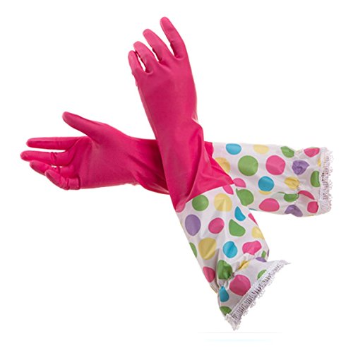 Sealike Polka Dot Floral Flower Ruffles Water Stop Waterstop Gloves Household Gloves Dishwashing Gloves Cleaning Gloves Latex Gloves with Stylus Hot Pink