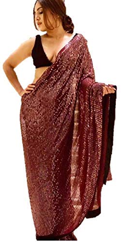 Waclonocs Womens Heavy Georgette Embroidery Sequence Work Saree with Blouse (Maroon)