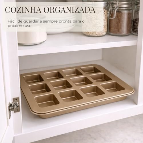 Forma para Brownie 12 Cavidades Quadradas Antiaderente, Assadeira de Aço Carbono para Mini Brownies, Cupcake, Mini Bolos, Doces e Sobremesas no Forno