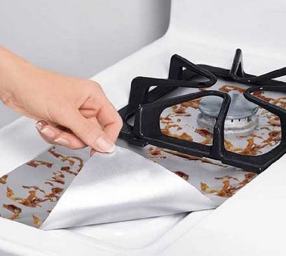 Gas Range Protector, set of 4, Stovetop Burner Protectors Liner Cover, 100% Non-stick, Easy to Clean, Reusable, FDA approved (Silver)