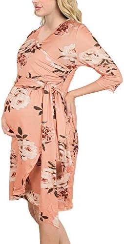 Annery Women's 3 4 Sleeve Ruched Maternity Front Tie Nursing Friendly Dress