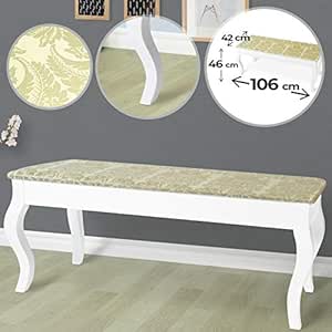 Banco Tapizado - 104x42x46 cm, Madera, Blanco con Adornos Florales