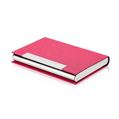 Business Card Holder, AHGXG Professional Leather Business Card Case Metal Name Card Holder Slim Stainless Steel With Magnetic Shut, Hold 20 Business Cards For Men&Women, Rose Red