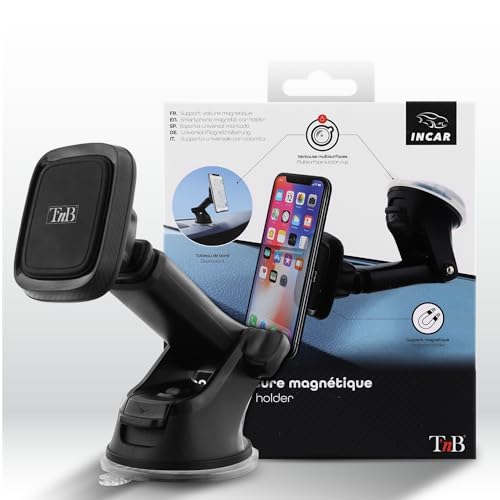 T'nB Sora Magnetic Car Phone Holder - 6 Powerful Magnets - Adjustable Arm - 360° Rotation - 2 in 1 Suction Cup - Carbon Finish - Black