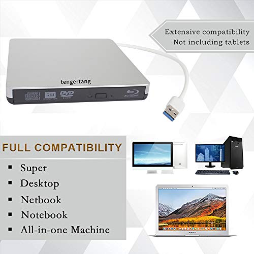 External Blu-ray DVD/BD/CD Drive Portable Blu Ray Burner USB 3.0 External 3D Blu-ray Player BD-ROM CD/DVD-ROM Writer/Rewriter CD/DVD-RW Reader for Windows, Mac OS Laptop, Computer (Silver)
