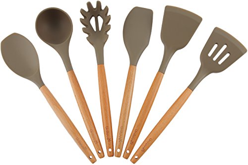 Kitchen Utensil Silicone Cooking Utensils Set Nonstick Wood Grey Cookware Including Spoons Spatulas 6 Piece - Thumbnail 2