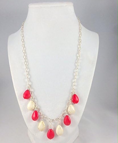 Necklace, Hot Pink and Cream Teardrop Necklace on 20 inch Silver Plated Chain