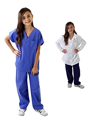 Super Soft Children Scrub Set and Lab Coat Combo Kids Doctor Dress up (7, Ceil Blue Set and White Lab Coat)