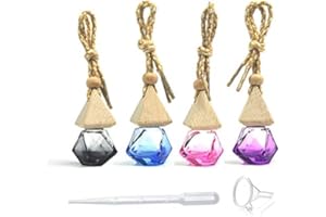 USROMMANER 4 Pack,6ml(1/5 Fl Oz) Refillable Car Essential Oil Diffuser,Empty Car Air Freshener Pendant Perfume Aromatherapy Vials-4 Colors Glass Bottle With Wooden Caps & Hanging String-FREE 1 Funnel&Dropper