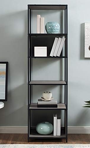 Metal Frame Bookcase - 5 Wood Shelf Tower Bookcase - Grey Wash