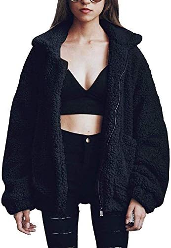 OopStyle Womens Lapel Sherpa Fleece Open Front Coat with Pockets Outerwear