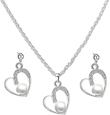 KAVANI 18K Women Girl Silver Heart Pearl Pendant with Crystal Jewelry Set Necklace Earring Set