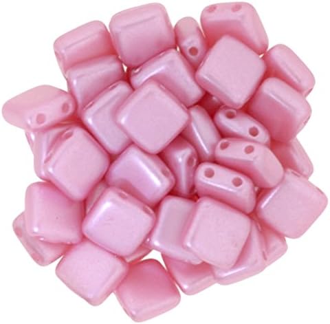 Czechmate 6mm Square Glass Czech 2-Hole Tile Beads - Pink Pearl (25)