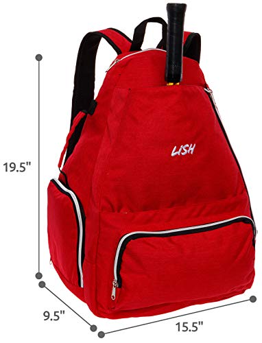 LISH Game Point Tennis Backpack w/ Shoe Compartment - Racket Holder Equipment Bag for Tennis, Racquetball, Squash (Red)