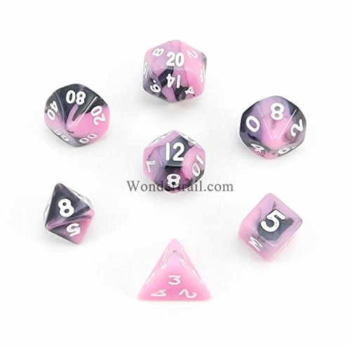 Miniature Polyhedral Dice Set Pink And Black With White Numbers Metallic Dice Games