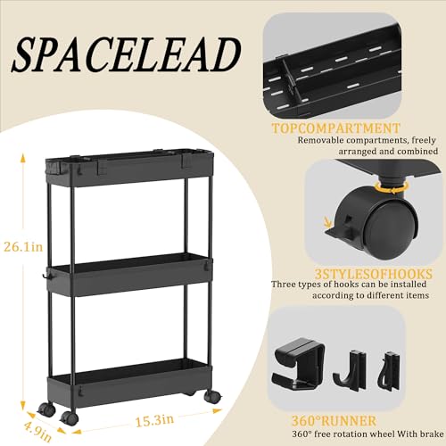 SPACELEAD Slim Storage Cart,3 Tier Bathroom Rolling Utility Cart Storage Organizer Slide Out Cart, Mobile Shelving Unit Organizer Trolley for Office Bathroom Kitchen Laundry Room Narrow Places, Black