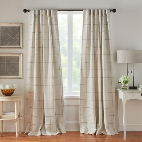 Elrene Home Fashions Brighton Windowpane Plaid Blackout Window Curtain,Living Room and Bedroom Drape with Rod Pocket Tabs,52" x 84",Linen,(Pack of 12) Image