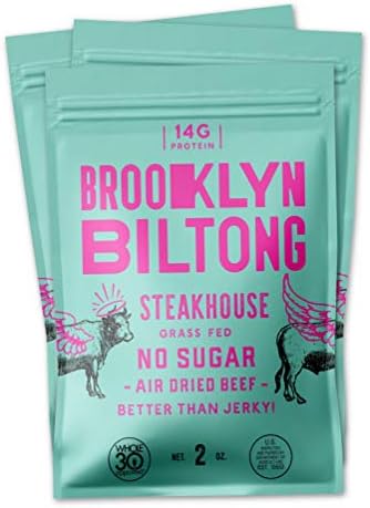 Brooklyn Biltong - Air Dried Grass Fed Beef Snack, South African Beef Jerky - Whole30 Approved, Paleo, Keto, Gluten Free, Sugar Free, Made in USA - 2 oz. Bags, 3 Count (Steakhouse)