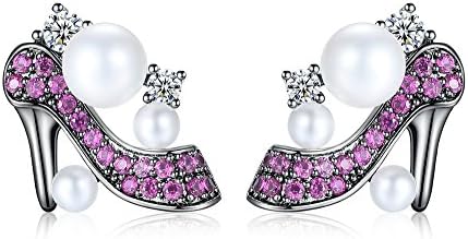 Red High Heels White Round Cut Zirconia Pave Button Pearls Earrings Studs Gunmetal Tone