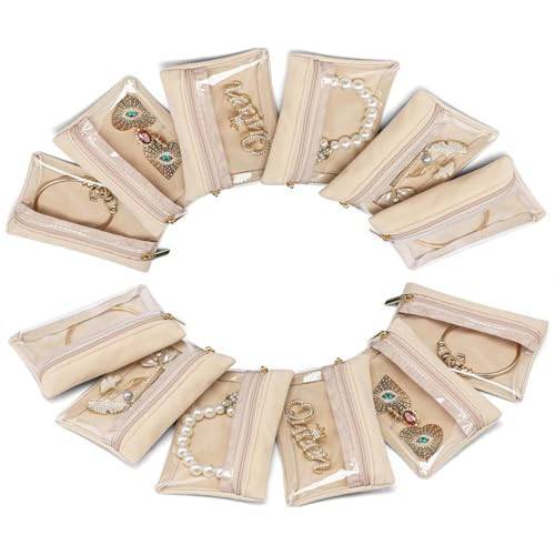 SUSOO 12 Pcs Portable Travel Jewelry Pouch, Velvet Jewelry Organizer Case with Clear Zipper Pocket, Women and Girls Small Storage Bag for Zipper Pouch Rings and Earrings Necklace（12cmx8.5cm/4.7″x3.4″）