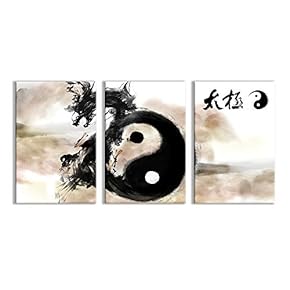 3 Plane Canvas Wall Art - Tai Chi Dragon East Style Ink Painting Living Room Prints - Modern Home Art Stretched and Framed Ready to Hang - 16"x24" x 3 Panels