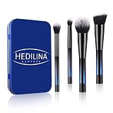 4 pcs Travel Makeup Brush Set - HEDILINA Makeup Brushes Kit, Powder Brush, Foundation Brush, Eyeshadow Brushes, all in a Compact Box (Sapphire Blue)