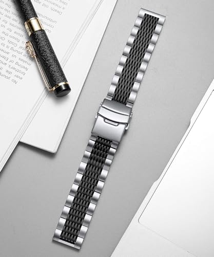 BINLUN Stainless Steel Watch Band, Metal Watch Strap for Men Women Replacement with Double-Lock Deployment Clasp Polished Watch Bracelet Silver Black Gold Rose-gold 18/19/20/21/22/24mm