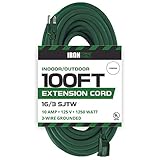 100 Foot Outdoor Extension Cord - 16/3 SJTW Durable Green Extension Cable with 3 Prong Grounded Plug for Safety - Great for Garden and Major Appliances