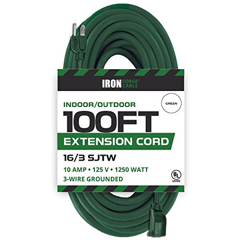 100 Foot Outdoor Extension Cord - 16/3 SJTW Durable Green Extension Cable with 3 Prong Grounded Plug for Safety - Great for Garden and Major Appliances