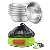 Bisgear 6pcs Backpacking Camping Stainless Steel 6 inch Bowl + Carabiner + Dishcloth&nbsp;Mess Kit Set&nbsp;with Mesh Travel&nbsp;Bag Lightweight Dinnerware Round BPA Free Serving Bowls for Outdoor Bug Out