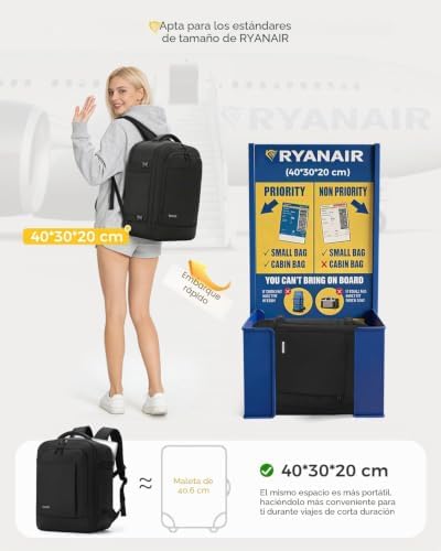 Mochila 40x30x20 (24L), con Compartimento Húmedo y 6 Bolsas Organizadoras - Negocios y Escuela - Negro