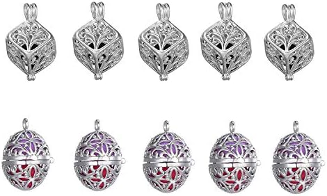 10pcs Mix Egg Cube Shape Silver Plated Bead Cage Pendant - Add Your Own Stones, Rock to Cage,Add Perfume and Essential Oils to Create a Scent Diffusing Pendant Charms,Fit Christmas Gift