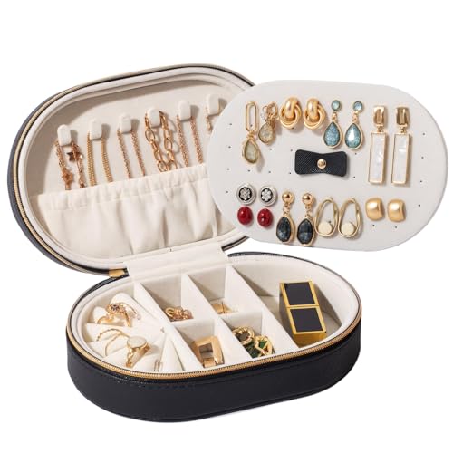 ProCase Travel Jewelry Organizer Box, Small Jewelry Organizer for Earrings Bracelet Necklace Ring, Compact Jewelry Storage Case for Women Girls -Black