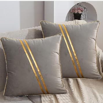 BAOKU 18 x 18 Inch Set of 2 Gray Gold Leather Striped Lines Velvet Cushion Case Luxury Modern Throw Pillow Cover Decorative Pillow Trimmed Velvet for Couch Living Room Bedroom Car