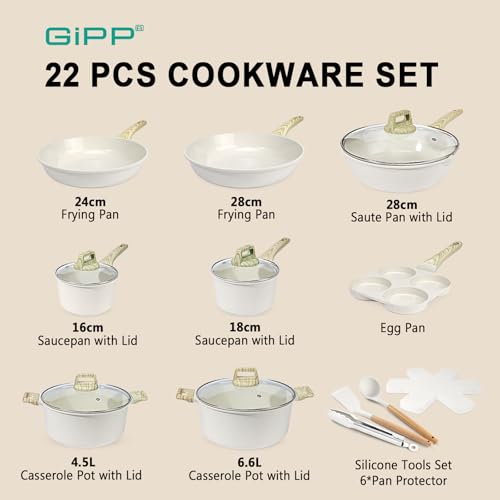 GiPP Ceramic Coating Pots and Pans Set Non Stick - 22Pcs Nonstick Cookware Set, Non-toxic Healthy Kitchen Cooking Set w/Frying Pans Set, Dishwasher Safe, PFAS PTFE PFOA PFOS Free (White)