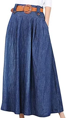 Vocni Women Vintage A Line Flared Elastic Waist Denim Jeans Long Skirt